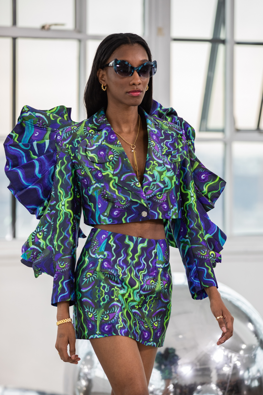 Blue Flame Print Mini Skirt