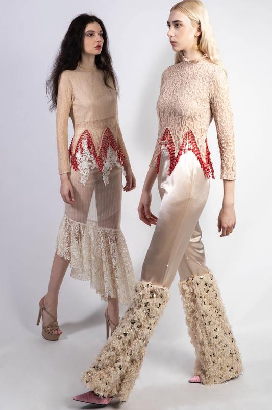 Beige Satin Pants with Detachable Fluff