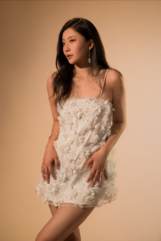 3D Ivory Embellished Mini Dress