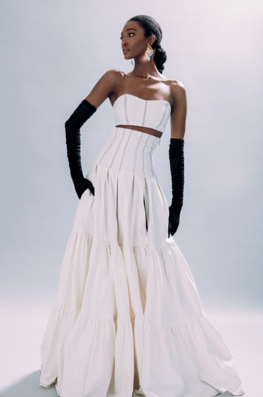 Denim Tiered Corset Maxi Skirt