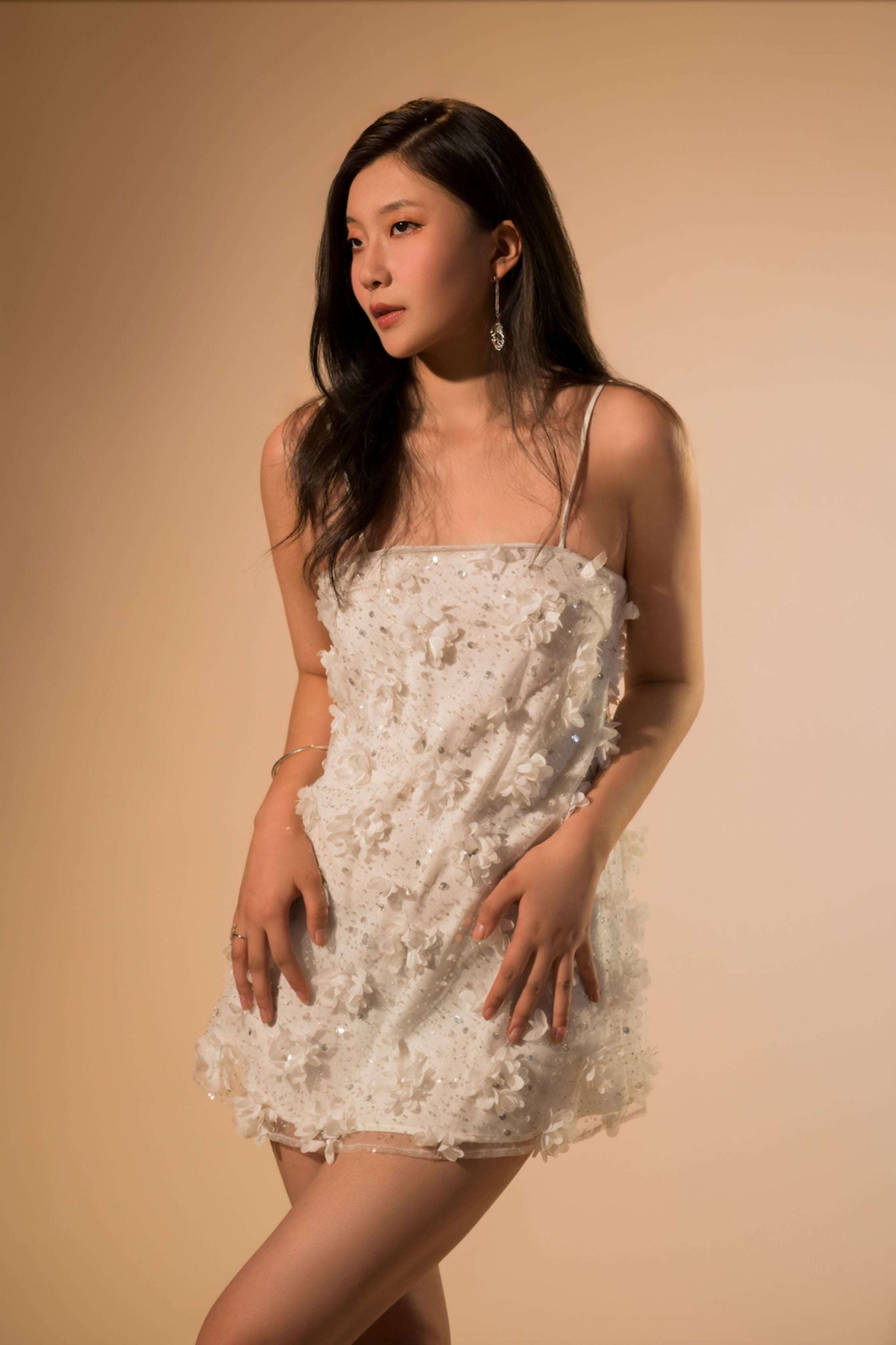 3D Ivory Embellished Mini Dress