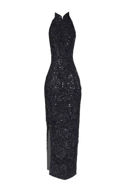 Black Velvet Lace Maxi Qipao