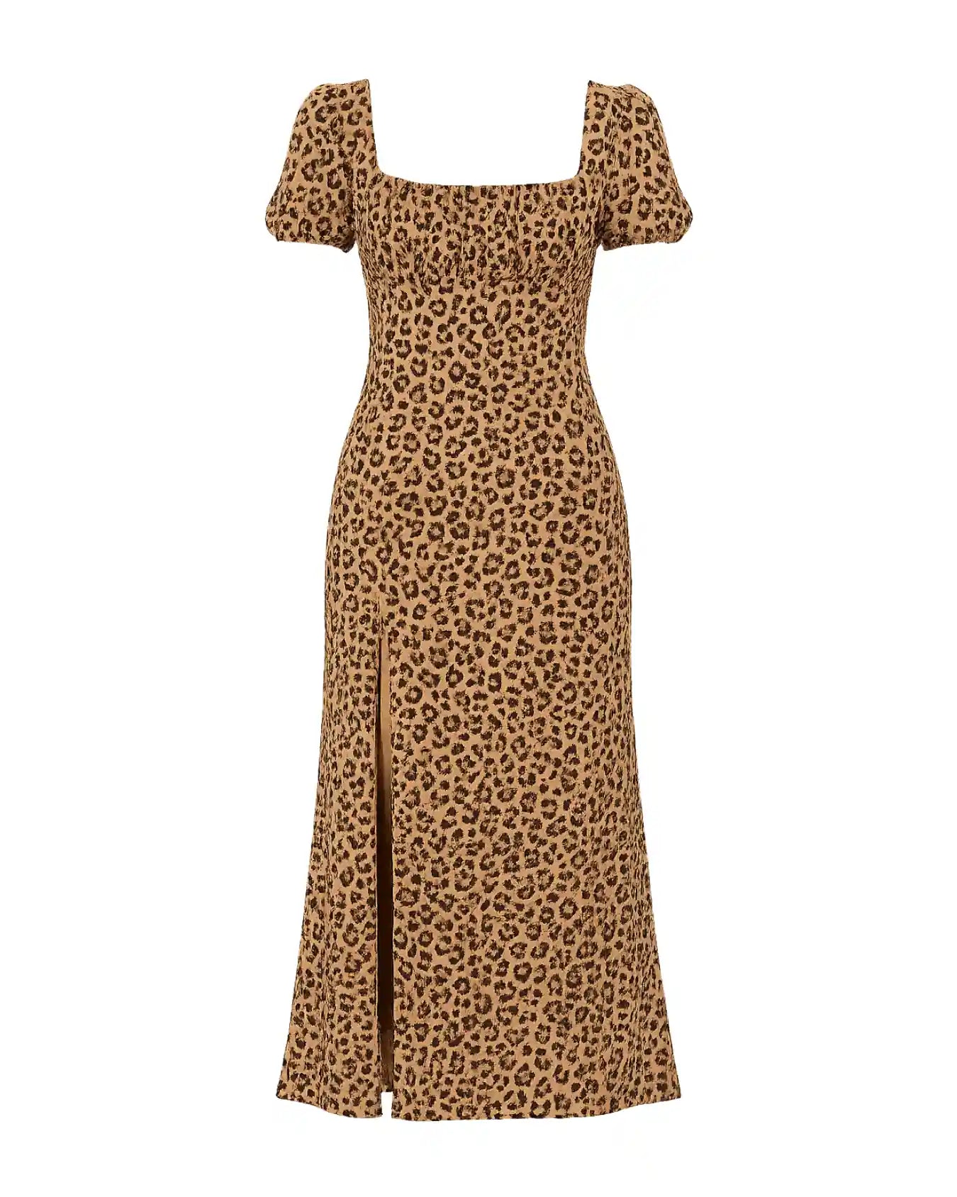 A leopard print midi dress with a square neckline, short puff sleeves, and a front slit, shown on a plain white background.
