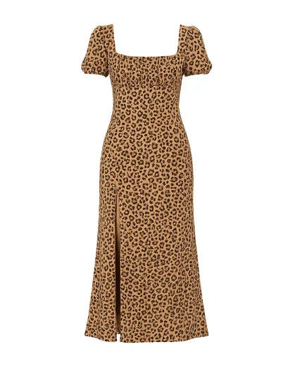 A leopard print midi dress with a square neckline, short puff sleeves, and a front slit, shown on a plain white background.