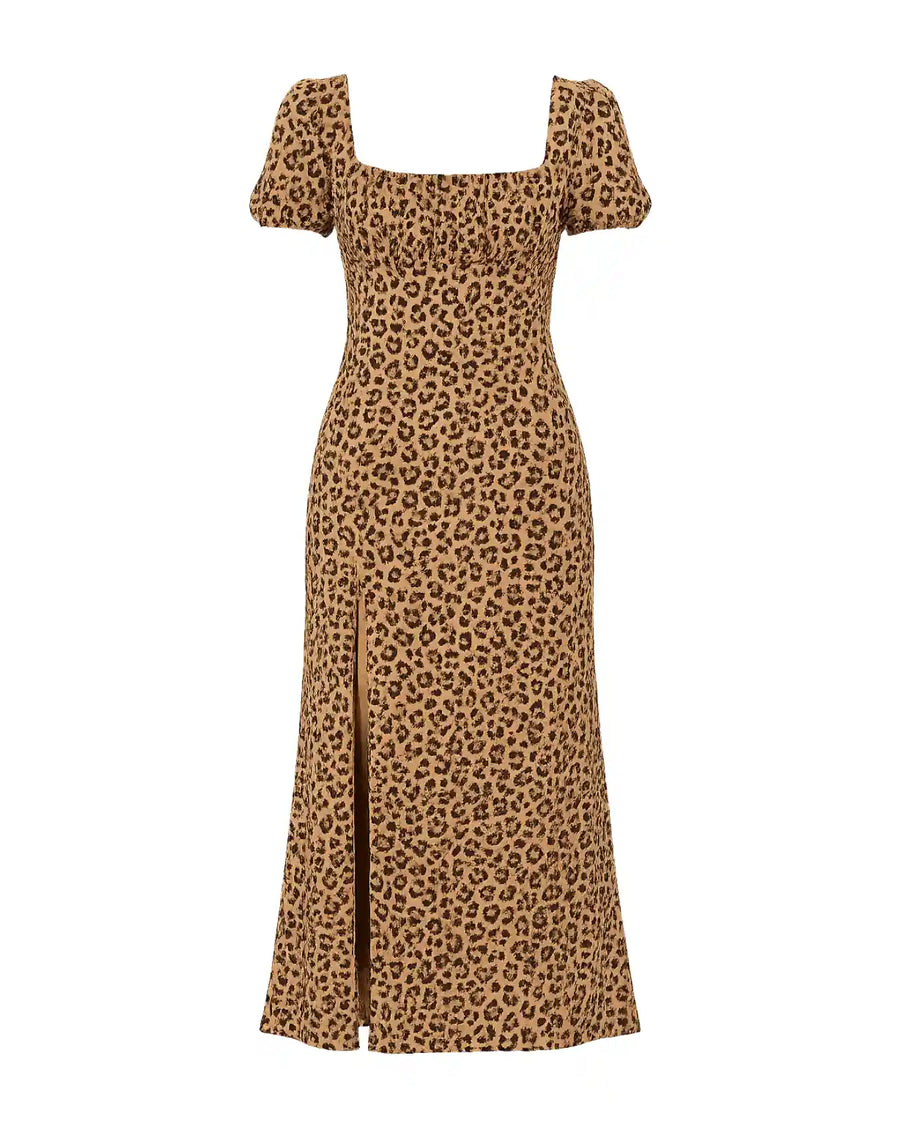 A leopard print midi dress with a square neckline, short puff sleeves, and a front slit, shown on a plain white background.
