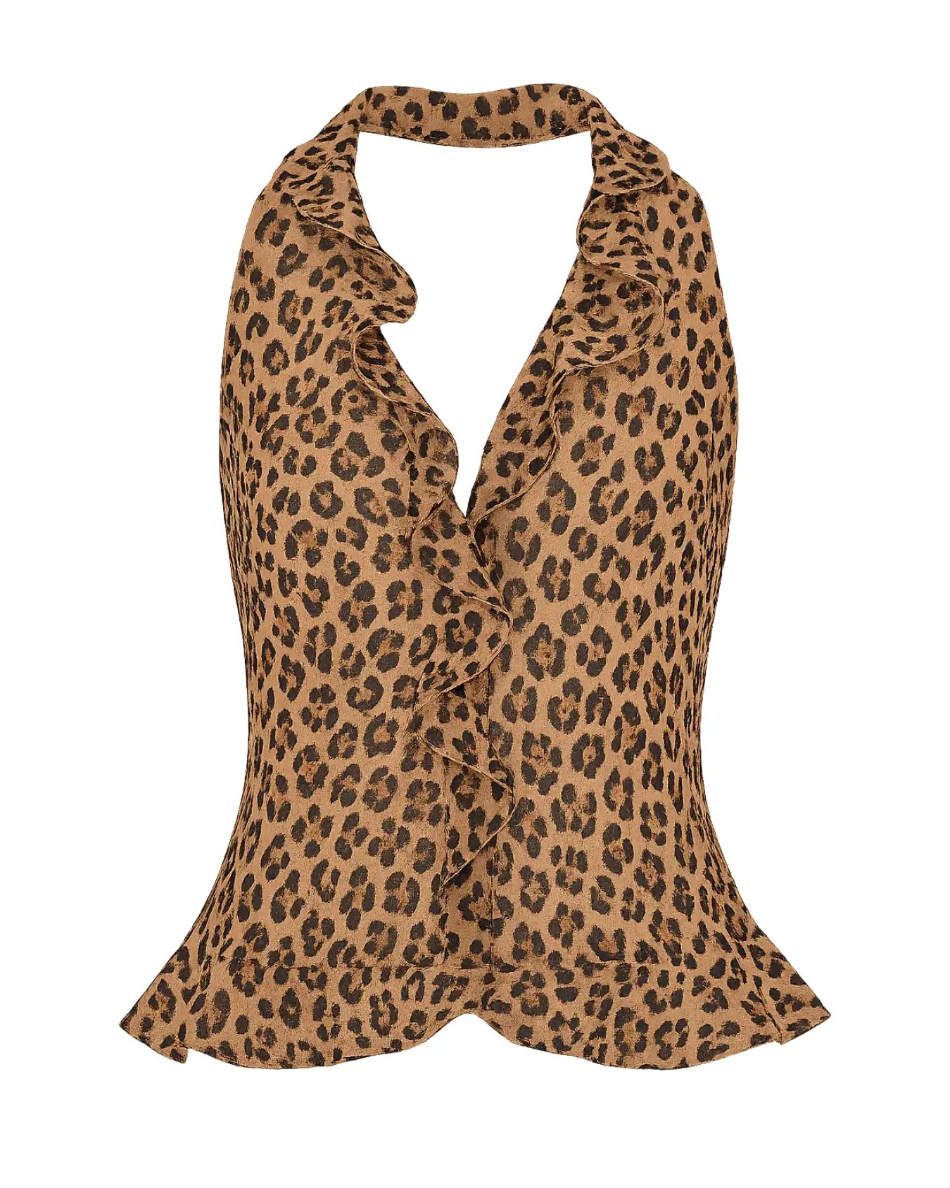 A leopard print halter top with ruffle details, shown against a plain white background.