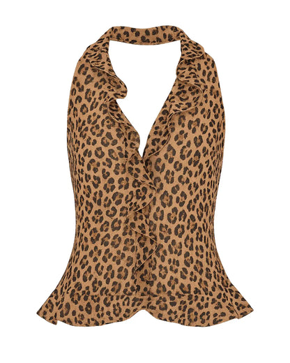 A leopard print halter top with ruffle details, shown against a plain white background.
