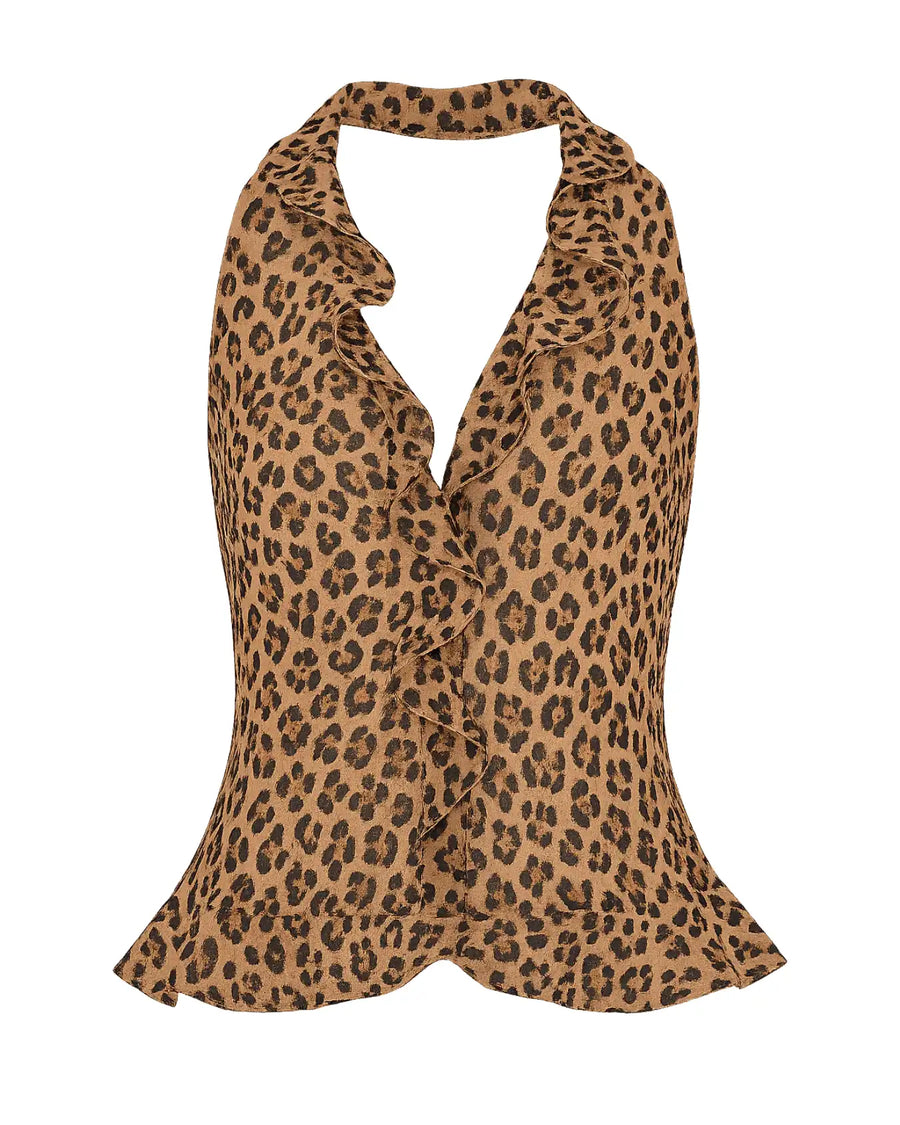 A leopard print halter top with ruffle details, shown against a plain white background.