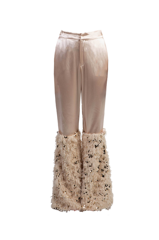 Beige Satin Pants with Detachable Fluff