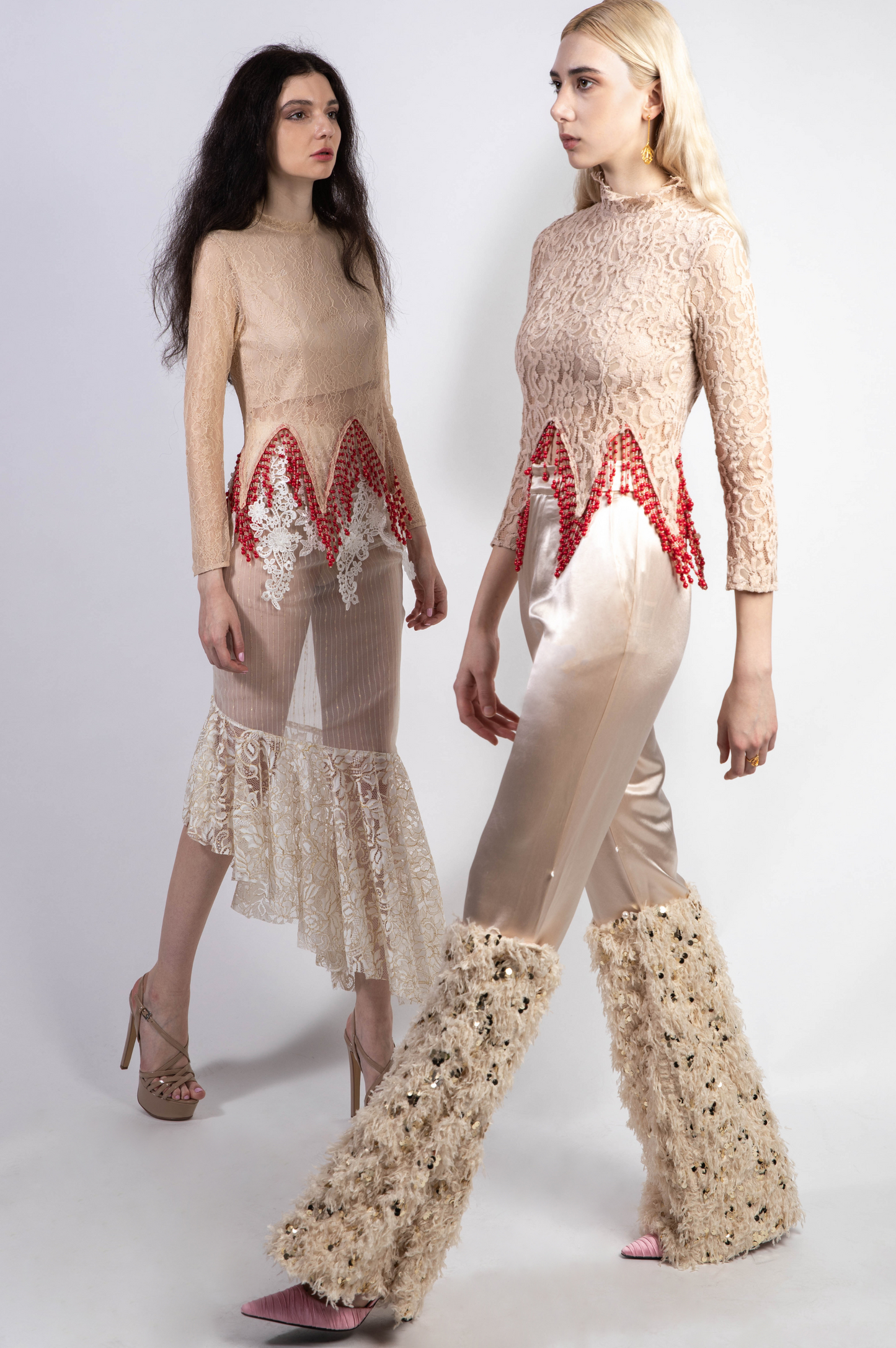 Beige Satin Pants with Detachable Fluff