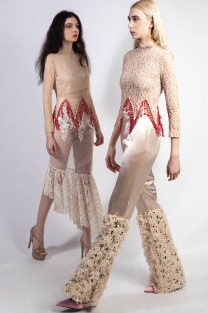 Beige Satin Pants with Detachable Fluff