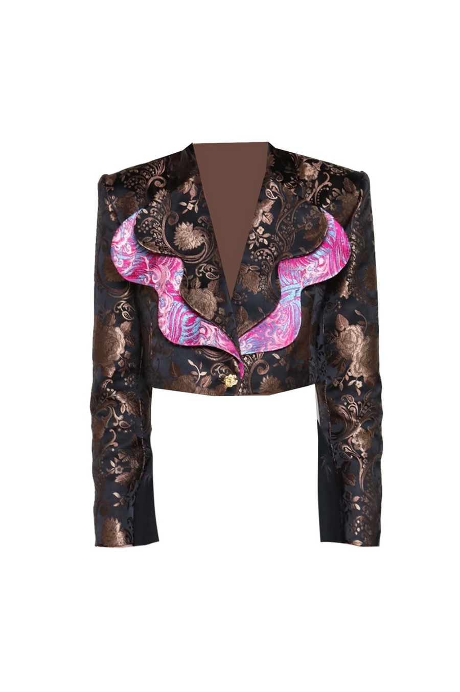 Brocade Wave Lapel Cropped Blazer