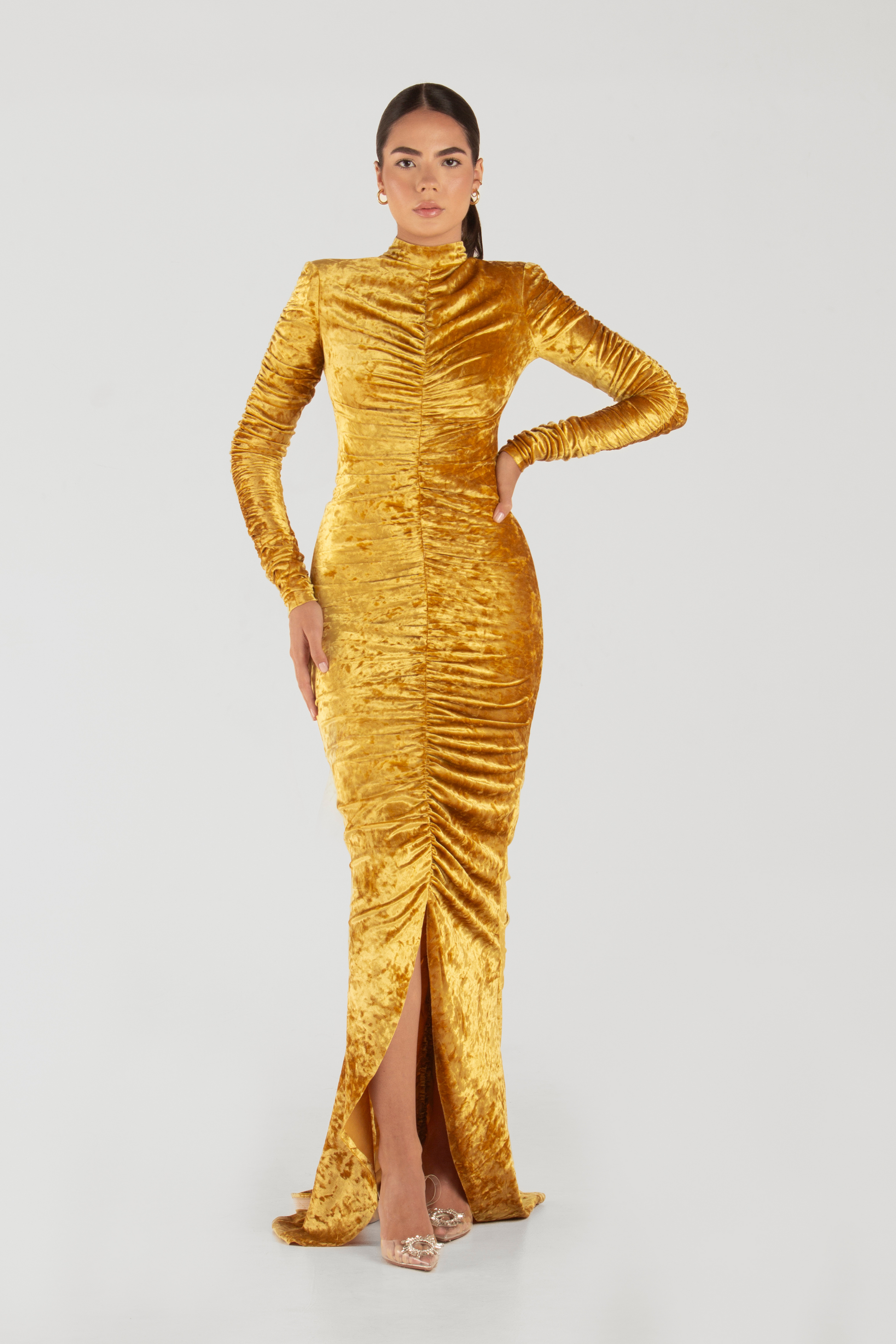 gold velvet dress long sleeve Bridesmaid Velvet Dress Marigold High Quality Fabric Dress Keyhole Back Maxi Gown With Train Wrap Neck Long Sleeve Dress Slit Above The Knee