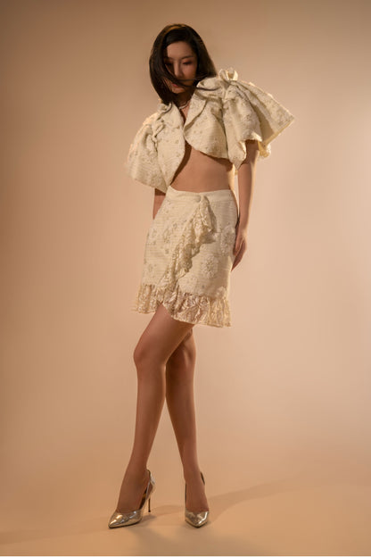 Ivory Embellished Cropped Jacket and Mini Skirt