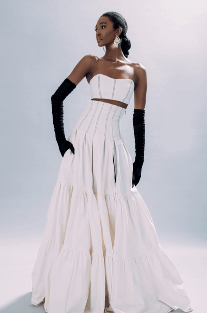 Denim Tiered Corset Maxi Skirt