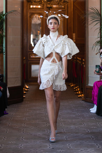Ivory Embellished Cropped Jacket and Mini Skirt