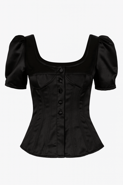 Black blouse with puff sleeves on a white background