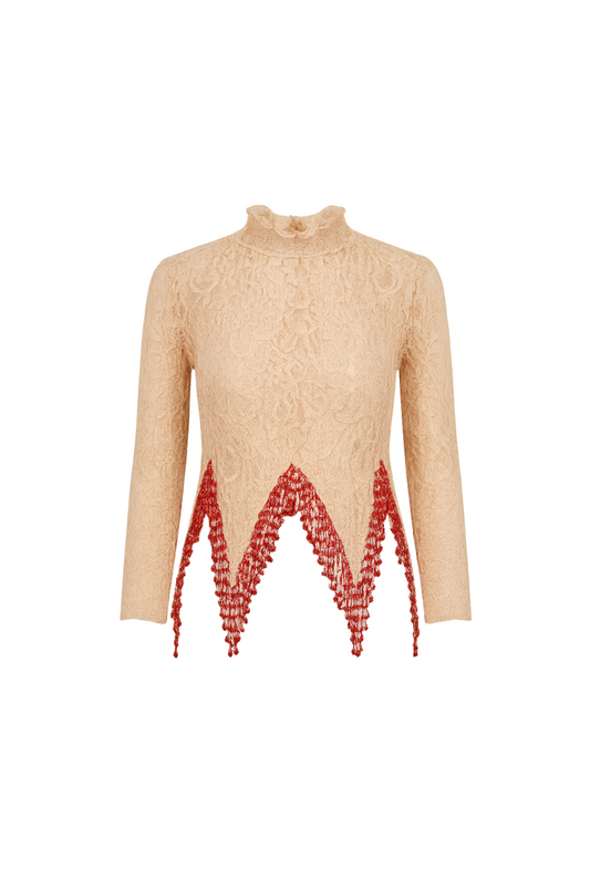 Nude Lace Top with Fringe Beads