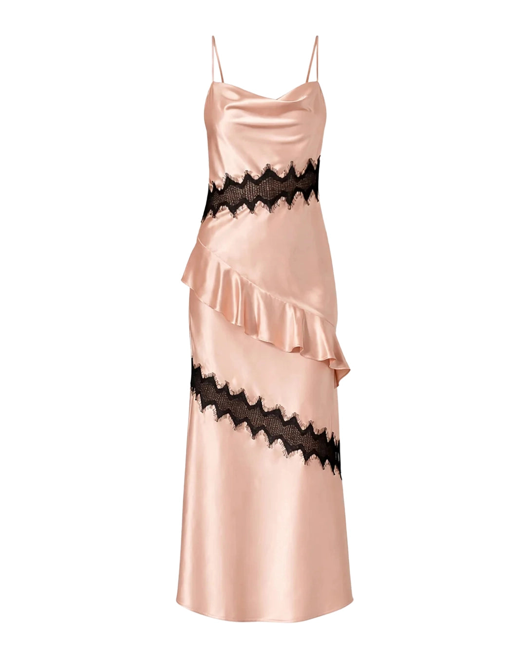 A light pastel pink satin slip dress with black lace detail trim, featuring thin spaghetti straps, a ruffled waist, and a diagonal ruffle on the skirt, shown against a plain white background.