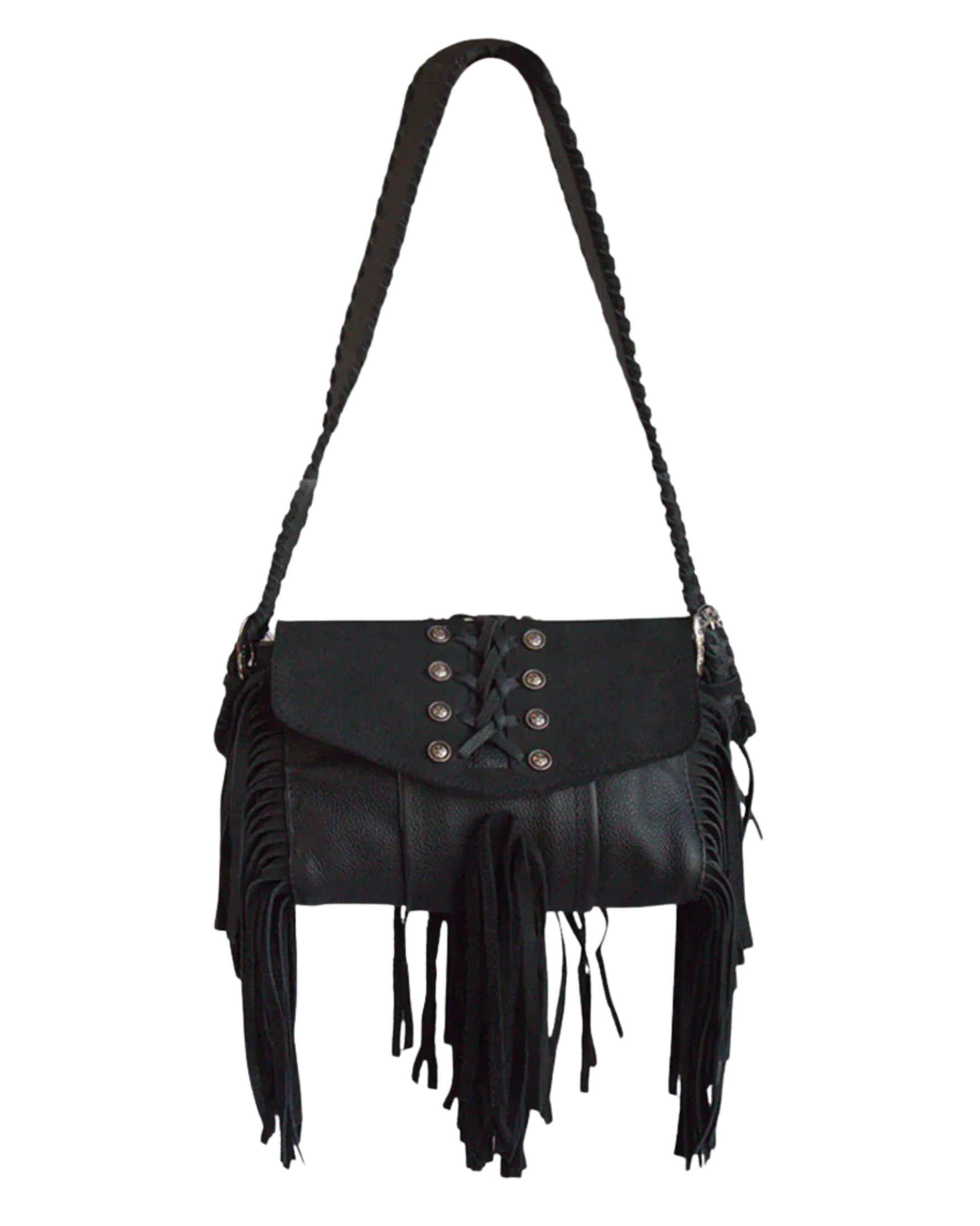 Western style black suede and leather fringe handbag with decorative laces on a white background