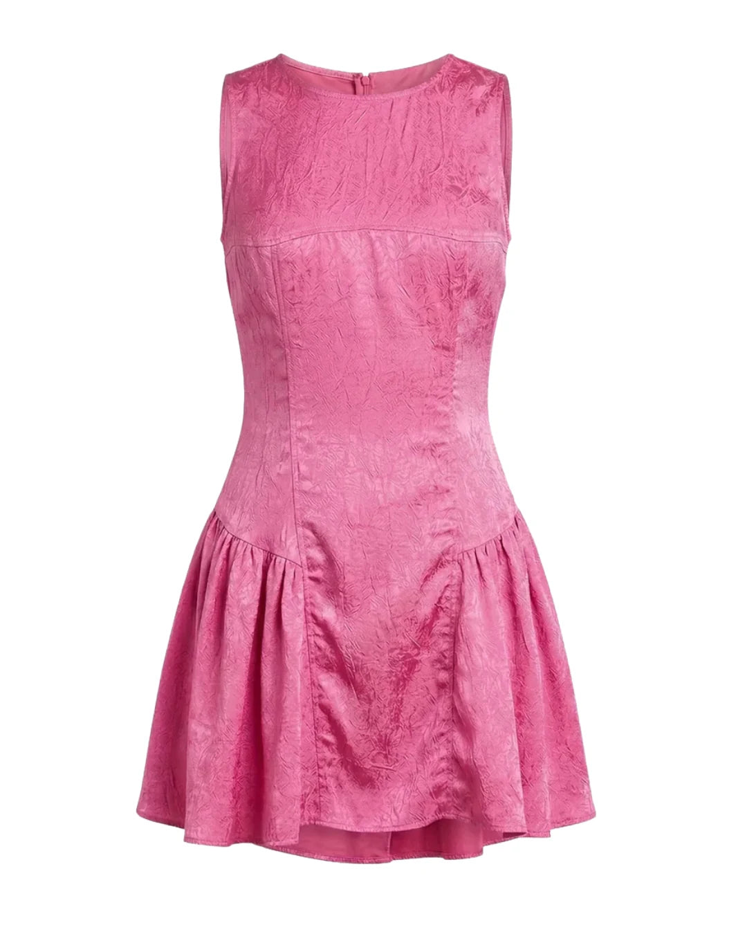 A pink dress with a textured, crinkled fabric, featuring a structured bodice and a flared ruffled skirt, shown against a plain white background.
